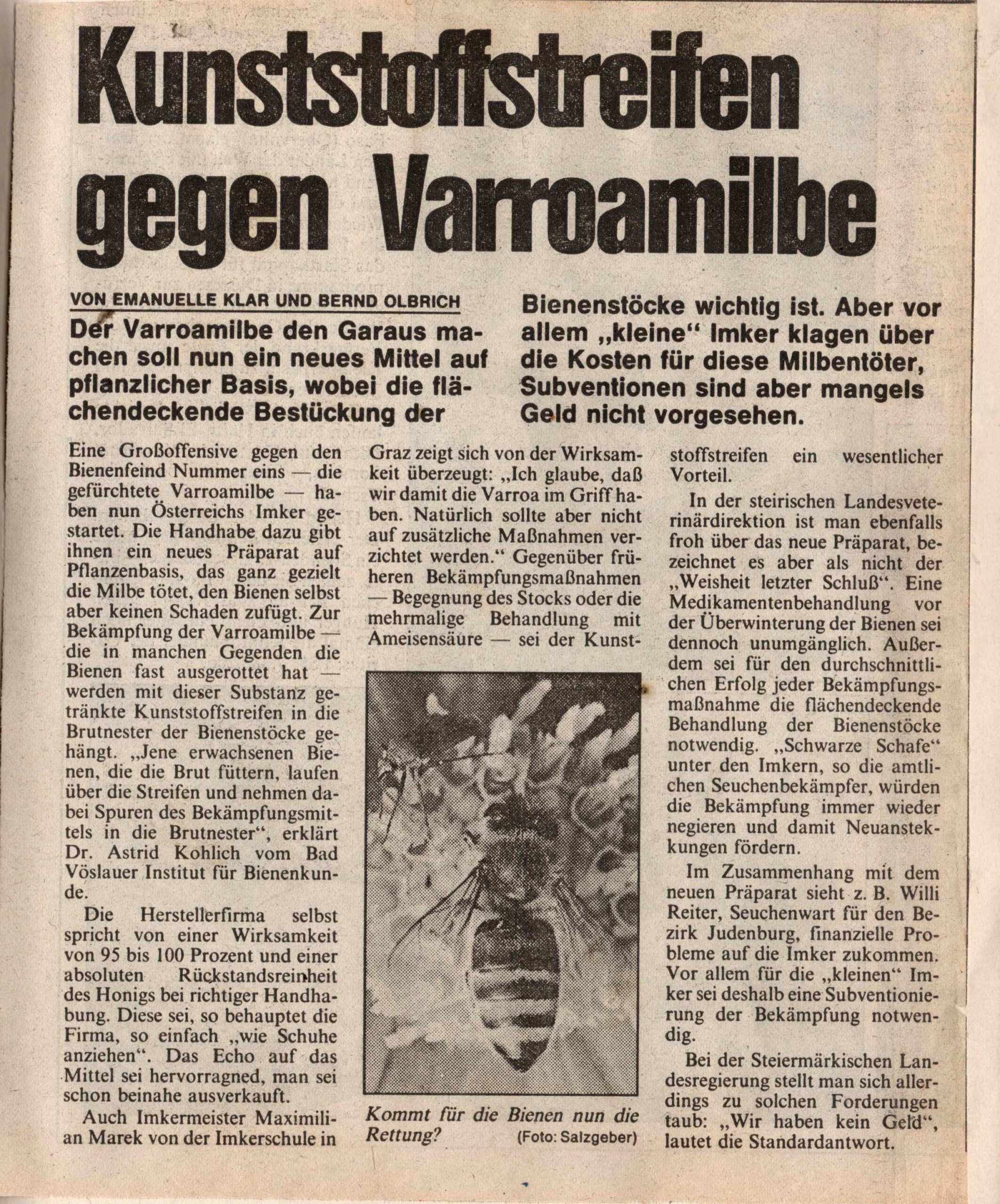 1988 Behandlung gegen Varroamilbe